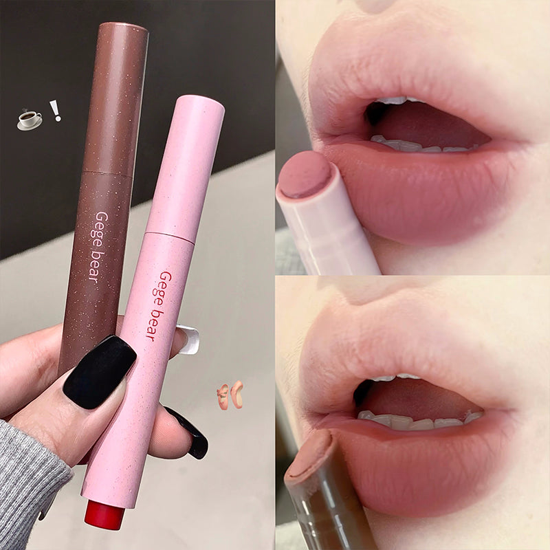 Two lipsticks, one brown and one pink, with 'Gegebear' branding, held by a hand and applied to lips.