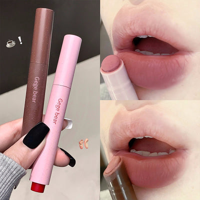 Two lipsticks, one brown and one pink, with 'Gegebear' branding, held by a hand and applied to lips.