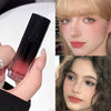 Lipstick held by a hand with two close-up shots of a person wearing the lipstick.