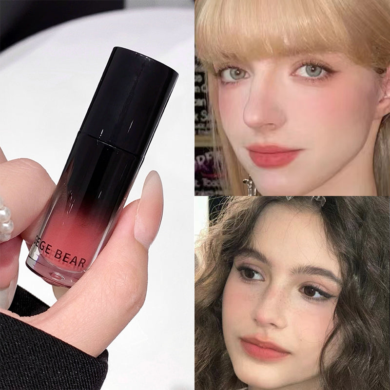 Lipstick held by a hand with two close-up shots of a person wearing the lipstick.