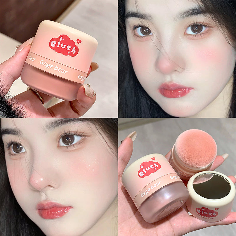 Collage of a blush container with a brush, applied to a person's face.