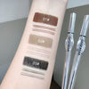 Three eyebrow pencils with color swatches on a wrist, labeled 'GEGE BEAR'.