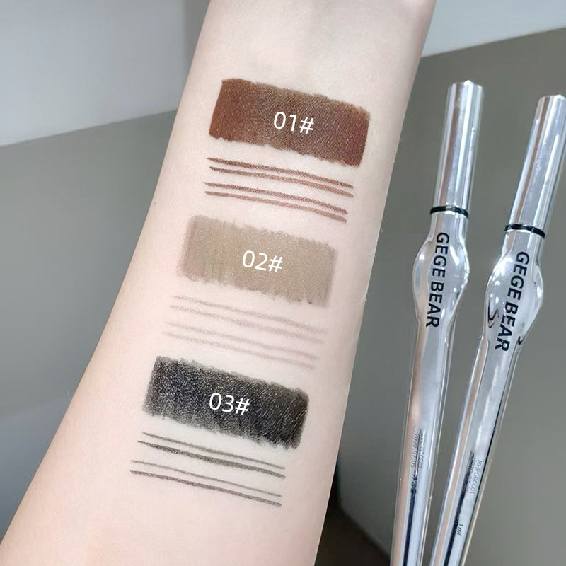Three eyebrow pencils with color swatches on a wrist, labeled 'GEGE BEAR'.