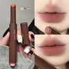 Collage of a brown lipstick with pink cap, held by a hand, applied to lips.