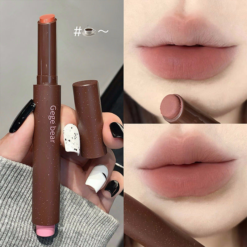 Collage of a brown lipstick with pink cap, held by a hand, applied to lips.