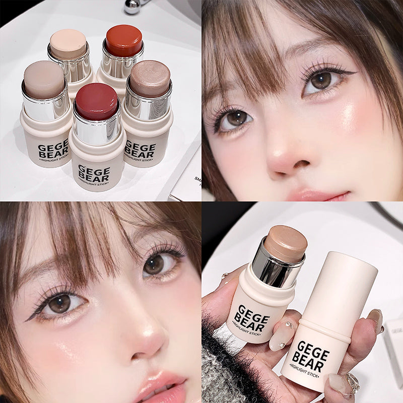 Collage of GEGBEAR makeup products with close-ups of a woman's face applying makeup.