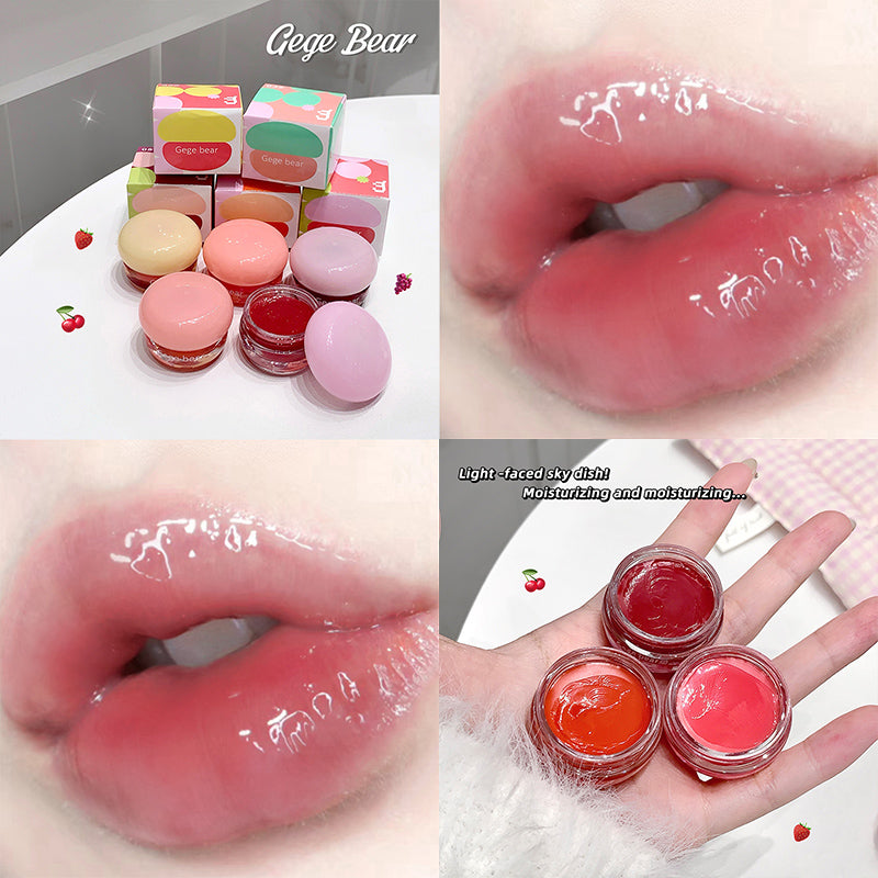 Collage of lip products including jars and a box, with close-ups of glossy lips.