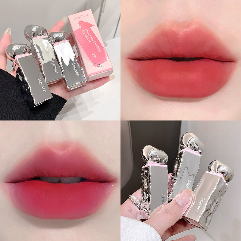 Collage of a lipstick with packaging, close-up of lips wearing the lipstick, and multiple lipsticks held together.