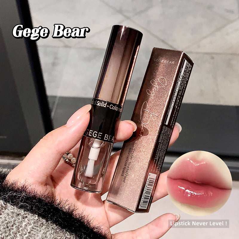Two lipsticks held in a hand with a blurred background, featuring the brand 'Gege Bear'.