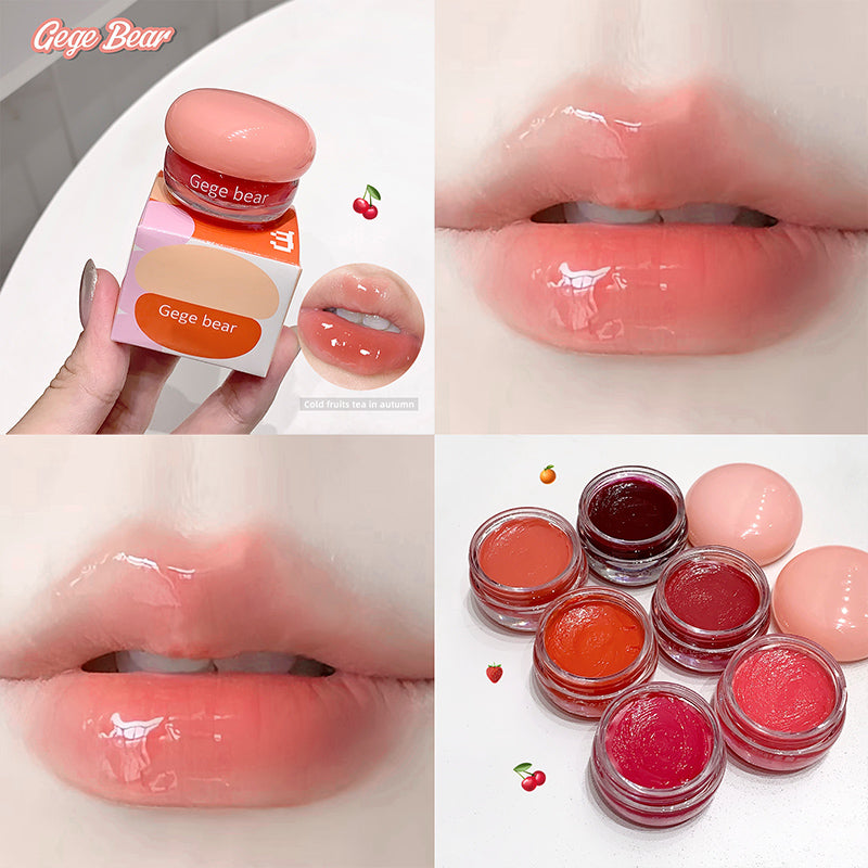 Collage of Gege Bear lip balm packaging, application on lips, and multiple lip balms.
