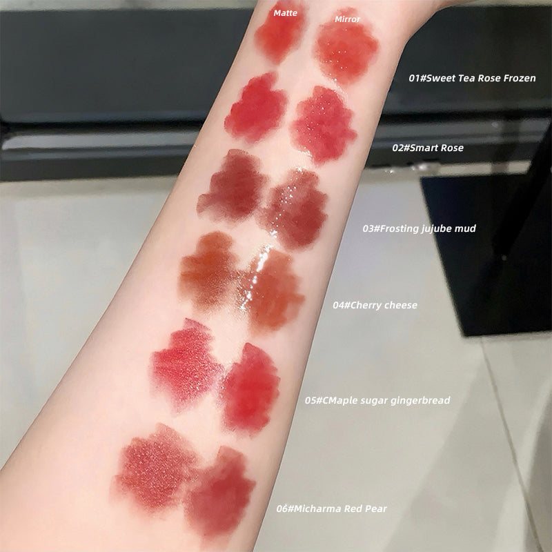 Lipstick swatches on a person's arm with labels for different shades.