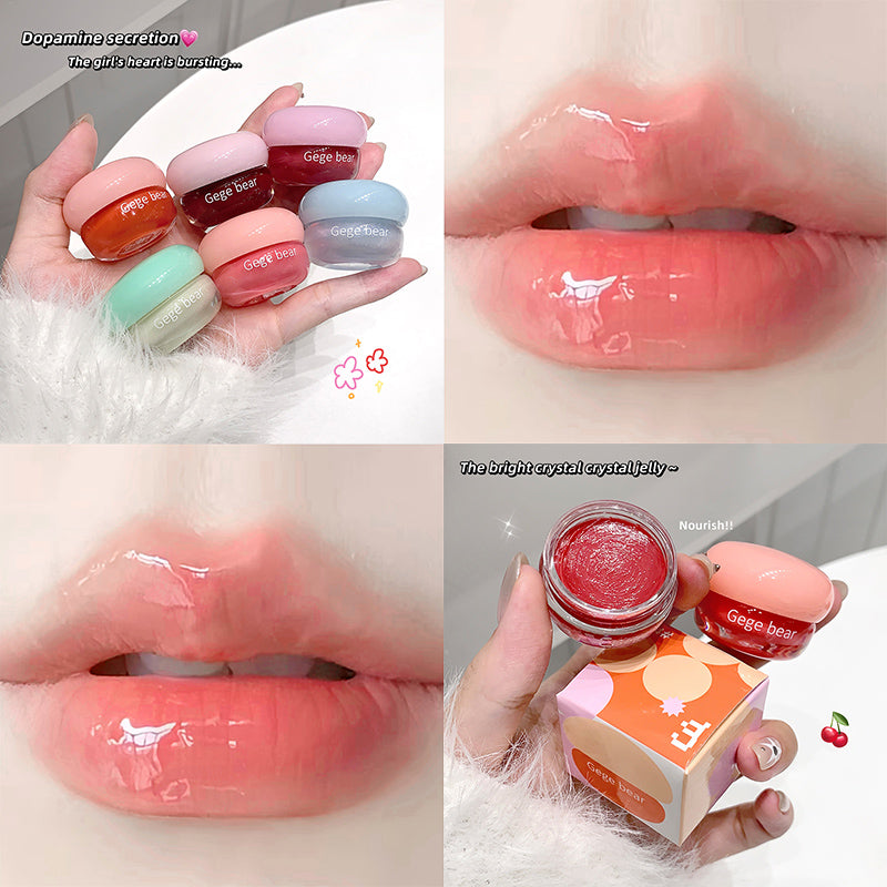Collage of lip gloss products with close-ups of lips wearing the gloss.