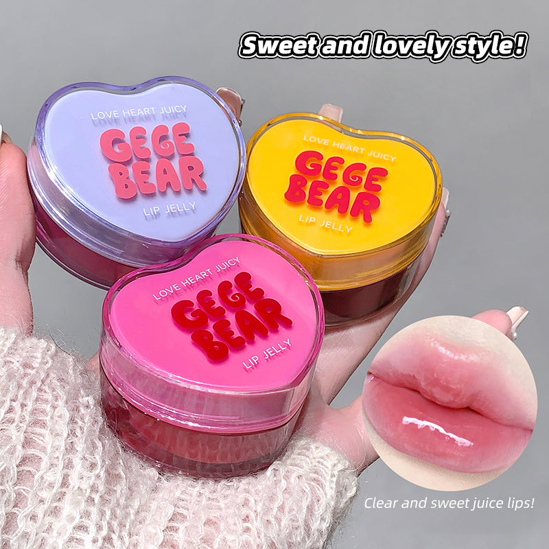 Heart-shaped GEGE BEAR lip jelly containers with a close-up of lips wearing the product.