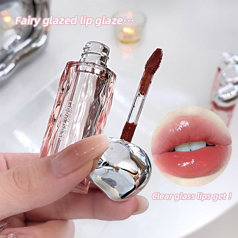 Lip gloss with applicator and close-up of lips wearing the product, on a neutral background.