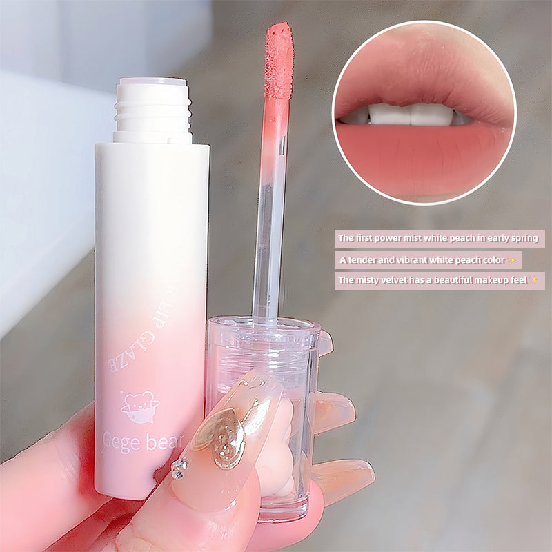 Lip tint with applicator and close-up of application on lips, brand 'agee bear' visible.