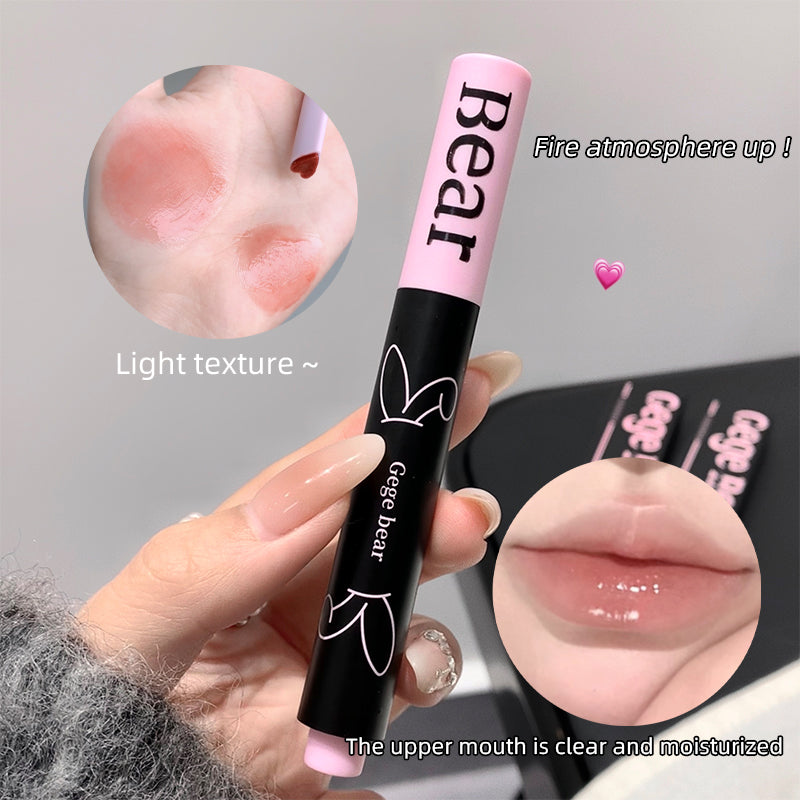 Lip gloss with close-up shots of lips and text on a gray background