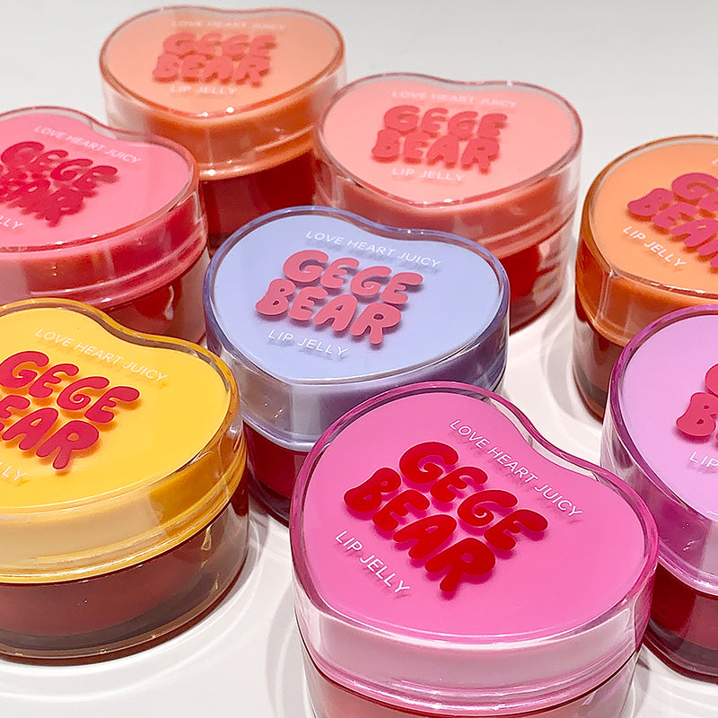 Heart-shaped lip jelly containers with 'GEGE BEAR' branding on a white background