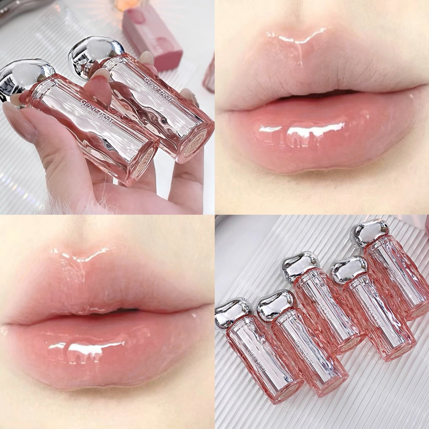 Collage of a pink lip gloss bottle and its application on lips.