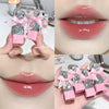Collage of pink lip gloss with silver and pink packaging, applied on lips.