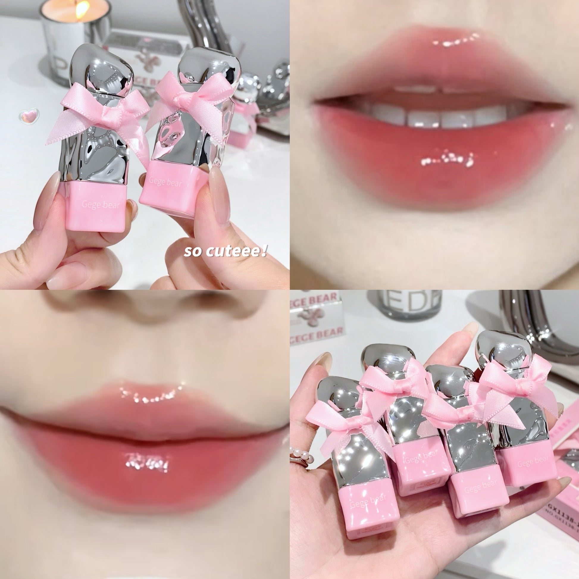 Collage of pink lip gloss with silver and pink packaging, applied on lips.