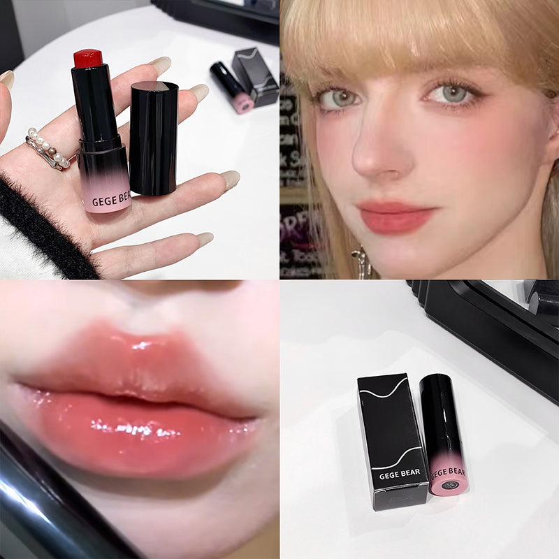 Collage of GEGE BEAR lipsticks with a close-up of lips wearing the product.