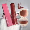 Lip tint with pink packaging labeled 'Gege bear' held by a hand, with close-up shots of the product on skin.