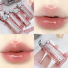 Collage of a pink lip gloss with silver cap, applied on lips.