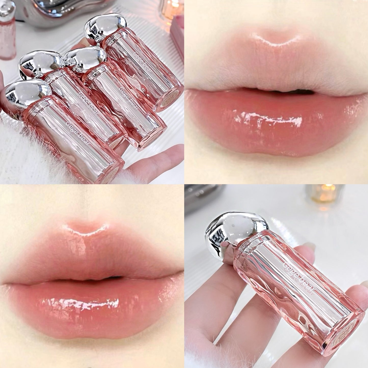Collage of a pink lip gloss with silver cap, applied on lips.