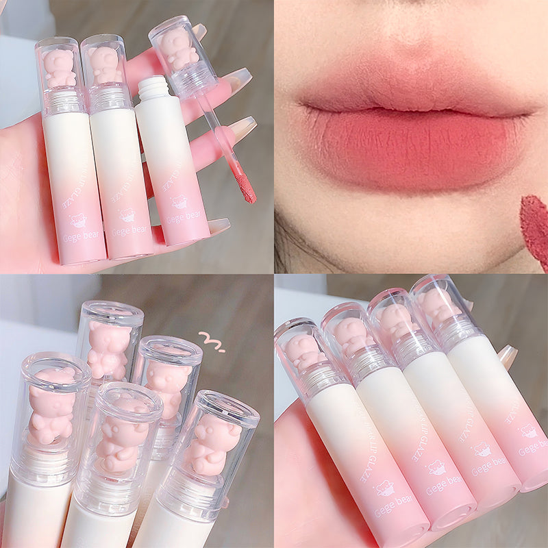 Collage of lip gloss tubes with gradient colors and a close-up of lips wearing the product.