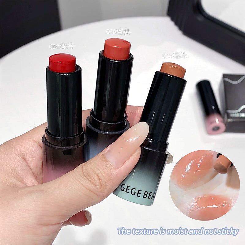 Three lipsticks held by a hand with a close-up of a lip, GEGE BEA brand visible.