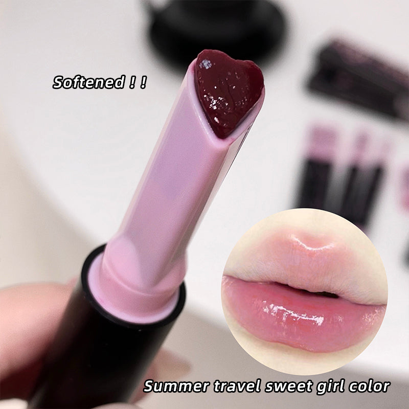 Lipstick with heart-shaped cap and close-up of lips wearing the color, labeled 'Summer travel sweet girl color'.