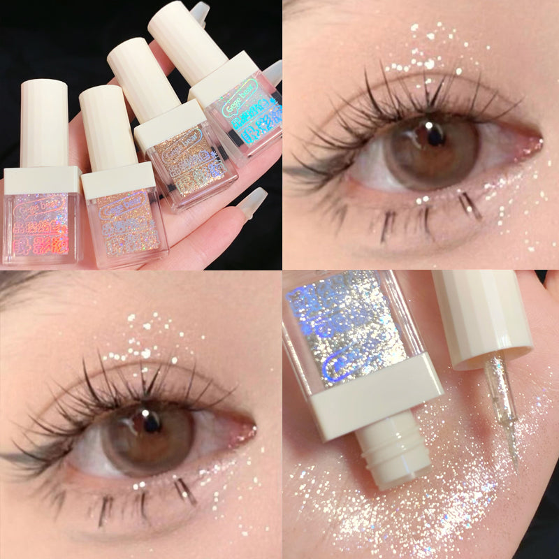 Collage of glittery eye makeup products and close-ups of glitter on eyes.