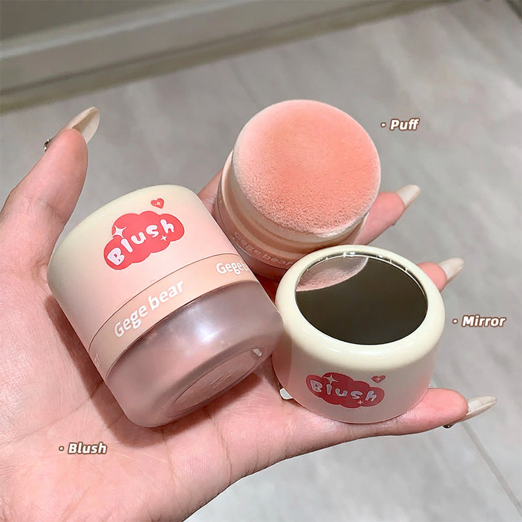 Compact makeup set with blush, puff, and mirror held in a hand, featuring 'Gege bear' branding.