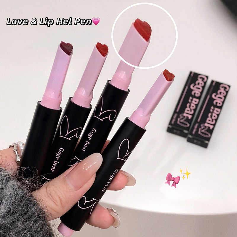 Hand holding three 'Love & Lip Hel Pen' with close-up of product, brand visible.