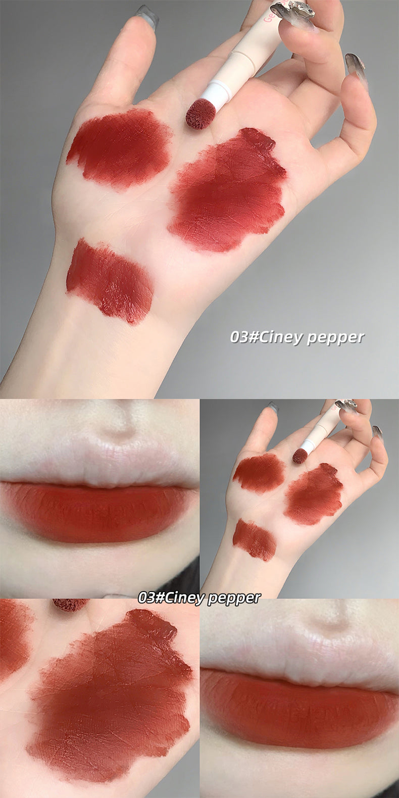 Lipstick swatches on a hand and lips with close-up views, labeled 'Cinsey pepper'.
