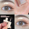 Collage of glittery eye makeup application with close-ups of eyes and product.