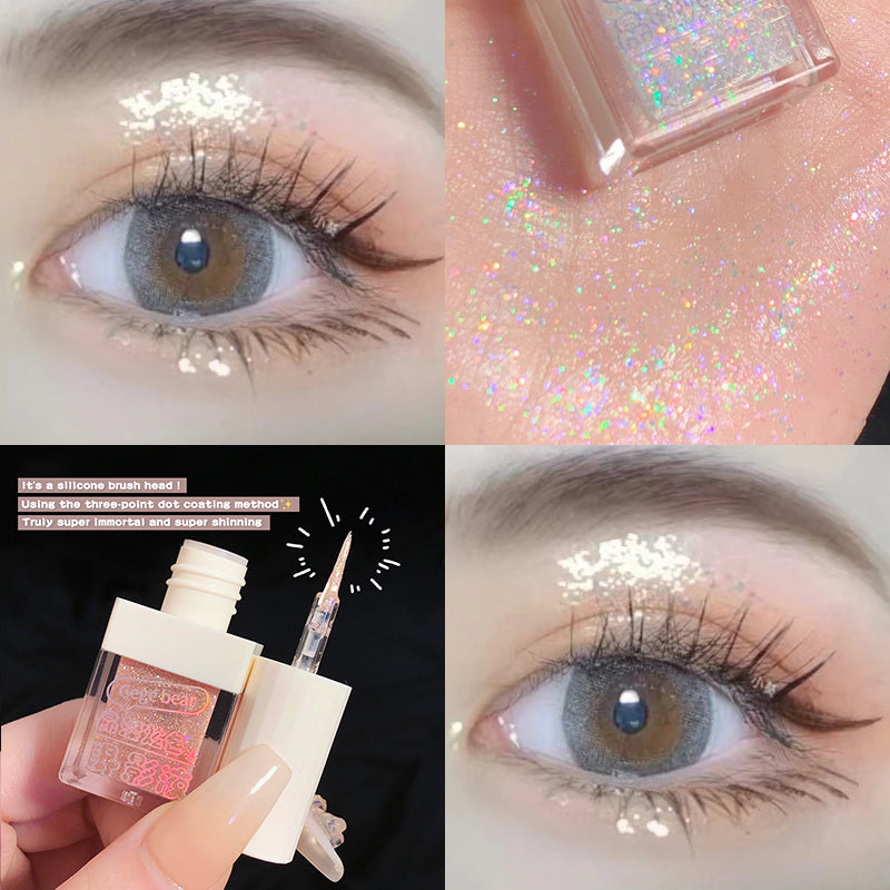 Collage of glittery eye makeup application with close-ups of eyes and product.