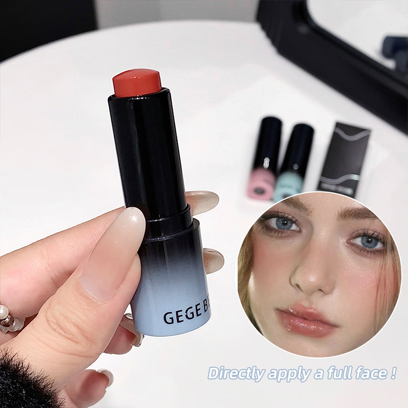 Lipstick held by a hand with an inset of a person wearing the lipstick color.