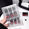 Set of GEGE BEAR lipsticks in clear packaging held by a hand.