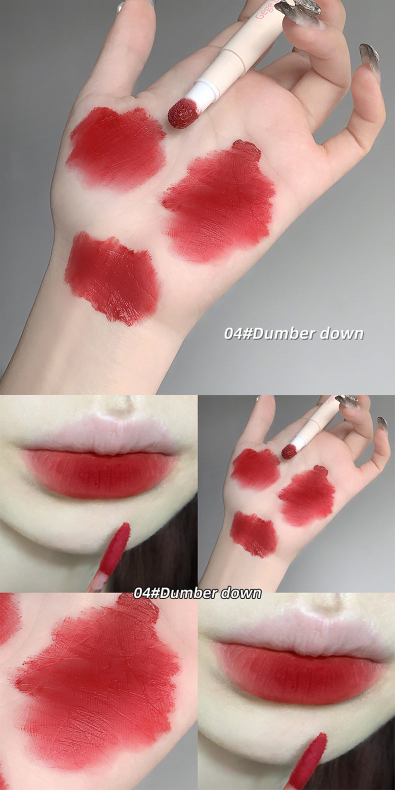 Hand with red lipstick swatches and a close-up of lips with the same shade.