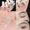 Collage of glittery nail polishes and eye makeup application.