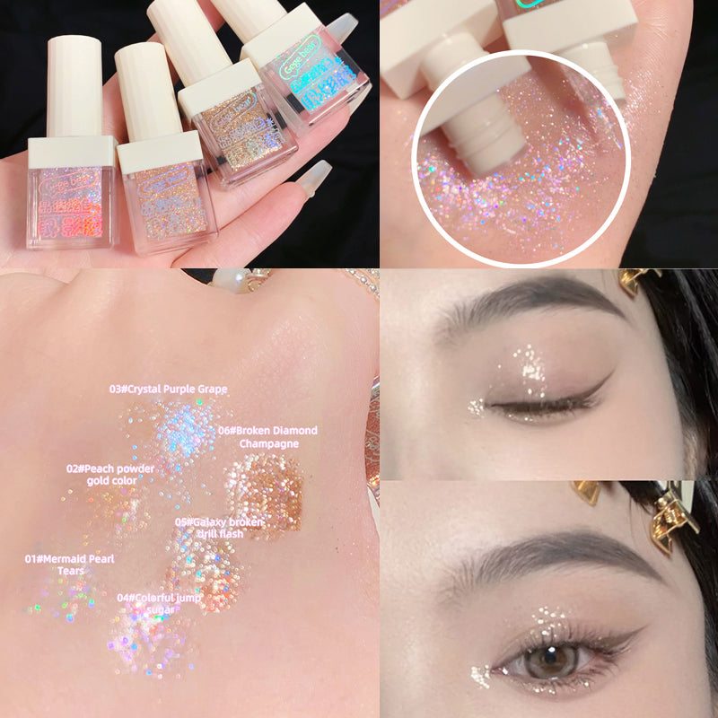 Collage of glittery nail polishes and eye makeup application.
