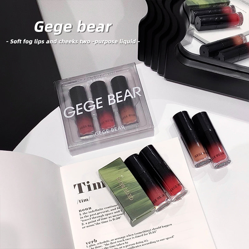 Gege Bear lip products displayed on a white surface with a magazine underneath.