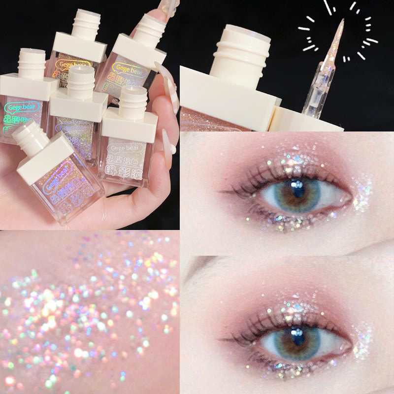 Collage of eye makeup products and glitter on eyes