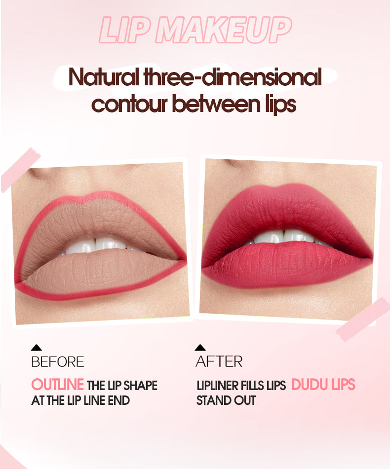 Lip makeup tutorial showing a before and after effect with lip liner.