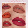 Collage of different lipstick shades on lips with a pink background