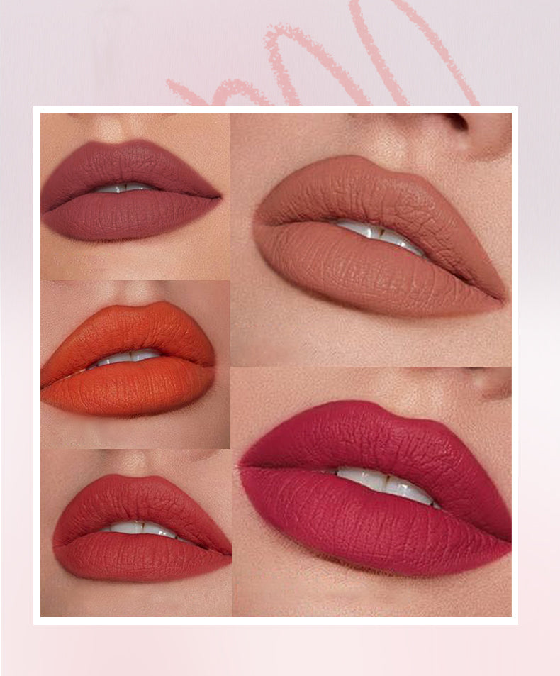 Collage of different lipstick shades on lips with a pink background