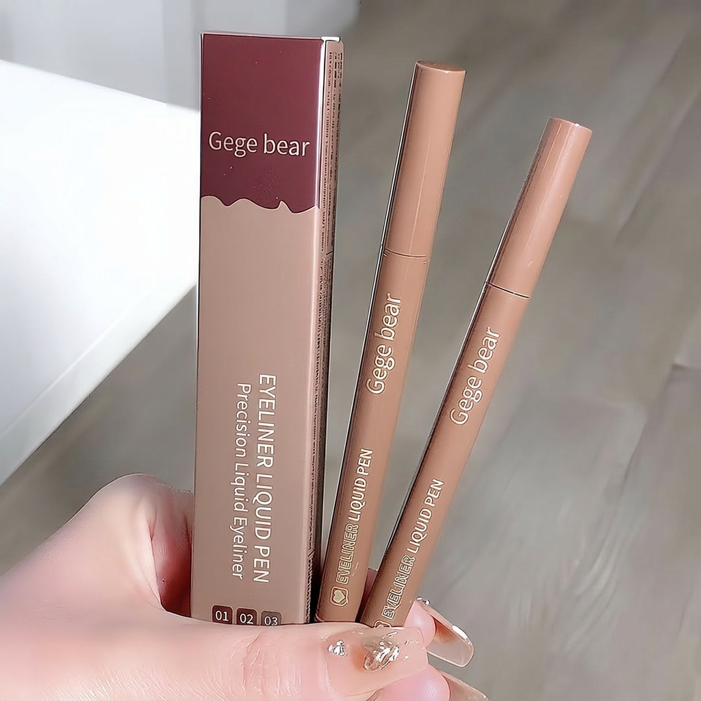 Gege bear eyeliner liquid pen with packaging held by a hand against a neutral background