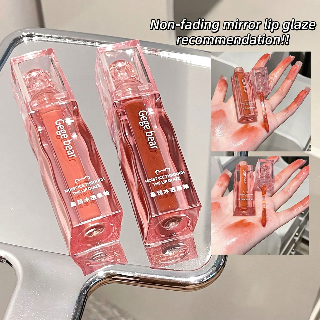 Two lip gloss products with 'Geege bear' branding on a metallic tray, accompanied by images of hands applying the gloss.