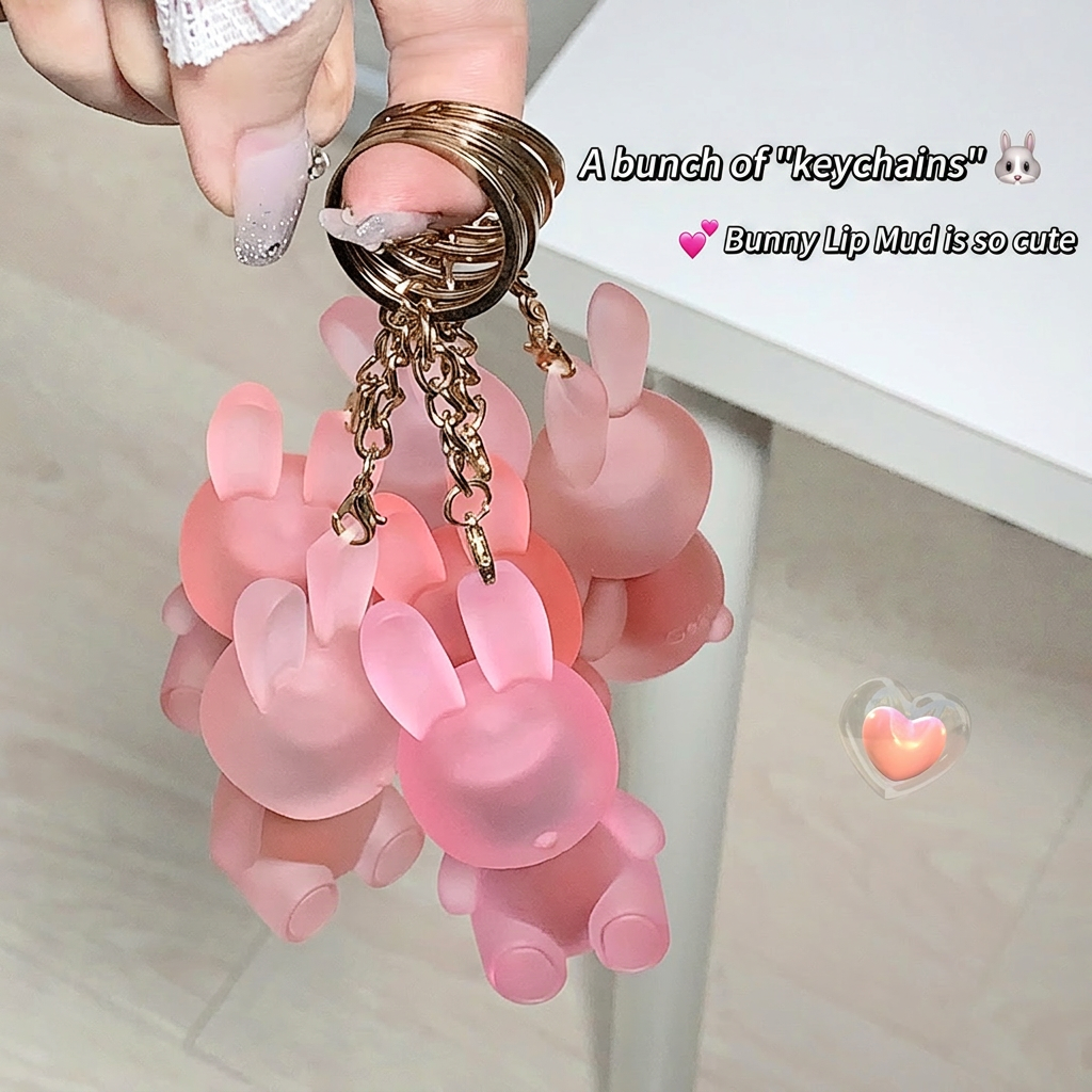 Pink bunny keychain with gold chains held by a hand on a light background